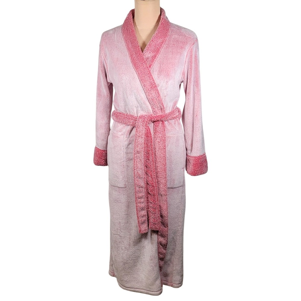Natori Pink Plush Fleece Robe Contrast Trim Shawl Collar M Cozycore Soft‎ Fuzzy